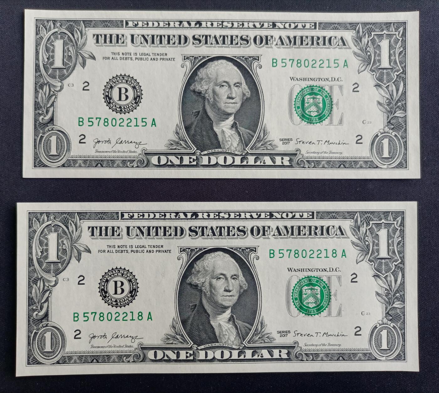 【游宝包邮场】马年第16期 好品组钞场 周六截拍 美国-1美元【2017年 断连 B57802215/18 全新UNC】