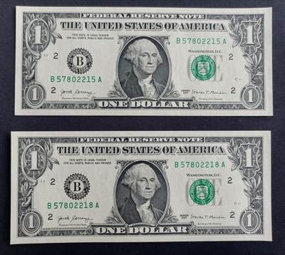 【游宝包邮场】马年第16期 好品组钞场 周六截拍 - 美国-1美元【2017年 断连 B57802215/18 全新UNC】