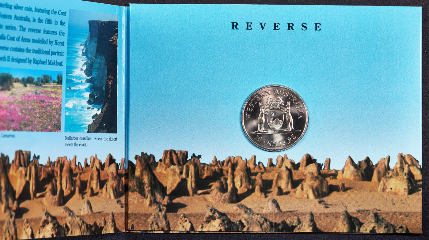 【俄甄集藏】2026年(050)04-01星期三 晚 19:30 全场包邮 澳大利亚1990年行政区系列-西澳大利亚州10元册装银币，带证，重20克，925银，发行量28133枚