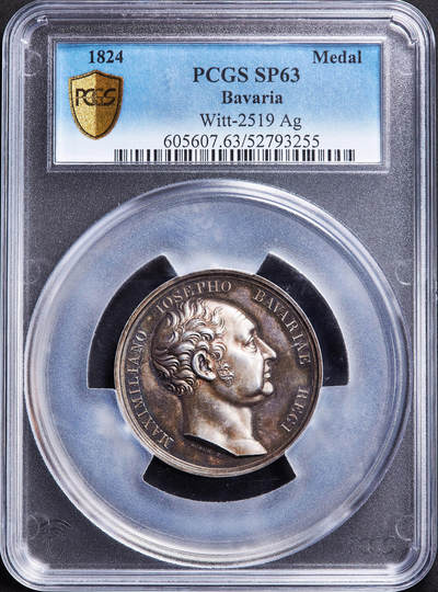 【俄甄集藏】2026年(050)04-01星期三 晚 19:30 全场包邮 - 德国巴伐利亚1824年纪念国王马克西米利安一世·约瑟夫登基银禧大银章，PCGS SP63，高浮雕，类精制底板，五彩包浆，设计精美，雕刻家弗里德里希·洛施作品，直径：48mm，唯一冠军