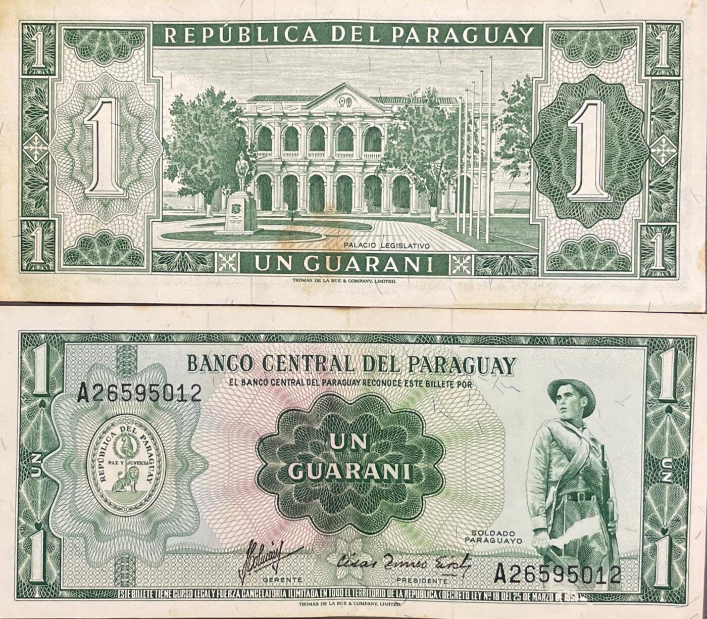 回流0328 巴拉圭中央银行 1瓜拉尼（Un Guarani）纸币，属于1952年版（法令第18号，1952年3月25日颁布），由英国Thomas de la Rue & Company, Limited（德纳罗印钞公司）承印，是巴拉圭近代经典的小面值纸币