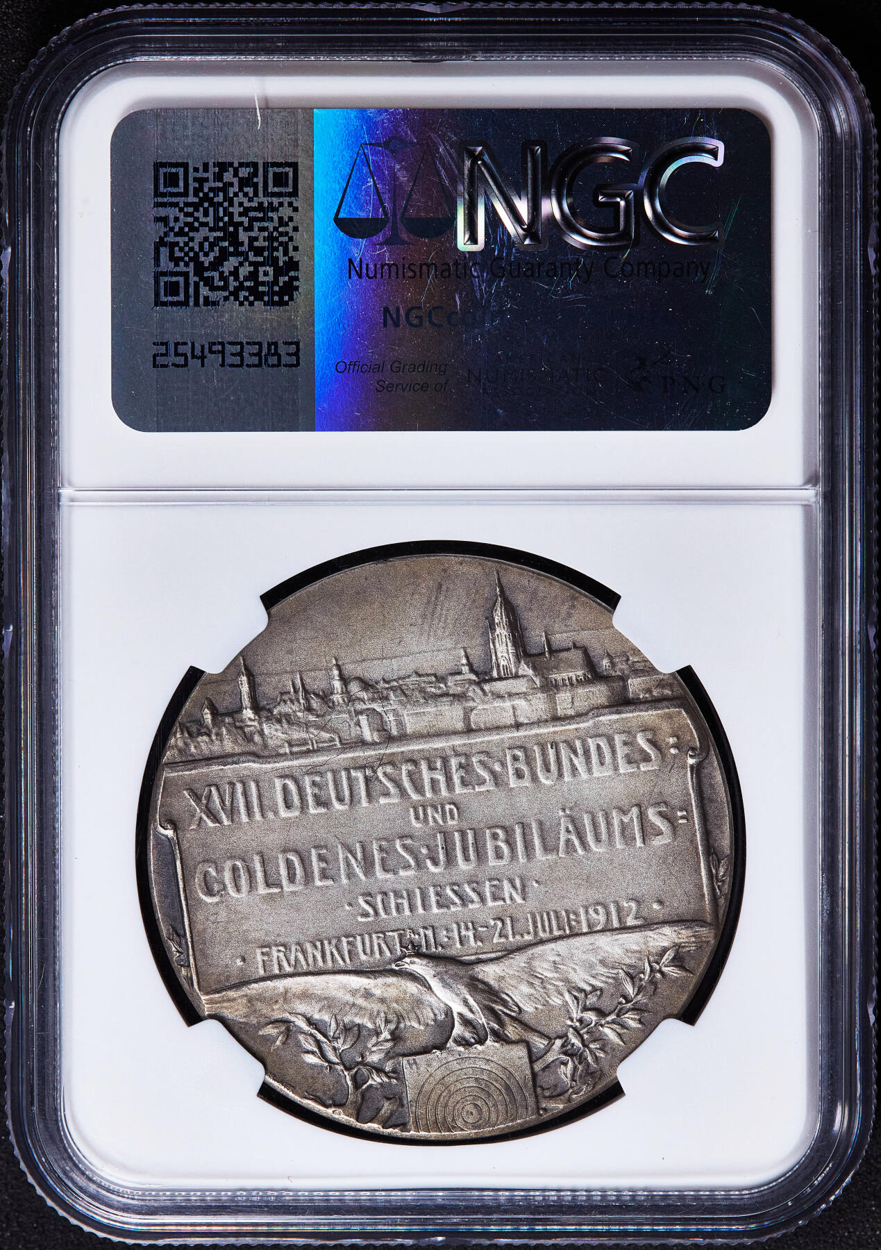 【俄甄集藏】2026年(050)04-01星期三 晚 19:30 全场包邮 德国1912年海因里希亲王头像纪念法兰克福第十七届联邦射击节暨金禧大银章，NGC MS63MATTE，黄油彩老包浆，高浮雕，名誉品种