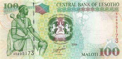 小福收藏拍卖第203期 裸钞场 本期有多张豹子号靓号 仅发行1000枚亚克力砖封蒙古20000图格里克帝国800周年纪念钞 瑞士200法郎 百慕大样钞洋葱冠全套 巴林首版大全套 卡塔尔四张套 越南 保加利亚 马其顿等多国精美纸币 - 莱索托 2009年 100马洛蒂 unc