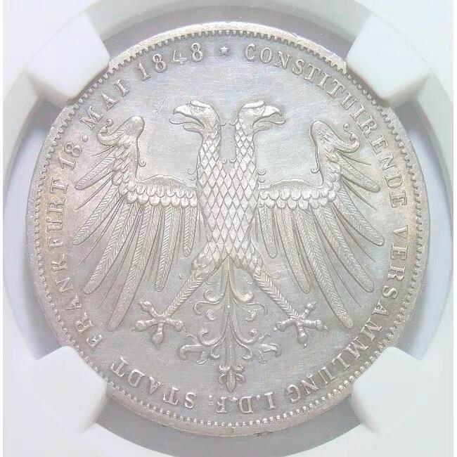 NGC UNC 德国法兰克福1848年双头鹰宪法2盾大银币 难得初铸原光 发行量仅3万枚