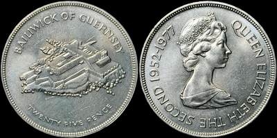 ＜星葵🌻钱币社＞第72期·东奔西走的硬币·3月31日发货 - 根西岛1977年女王登基25周年25便士克朗型纪念币