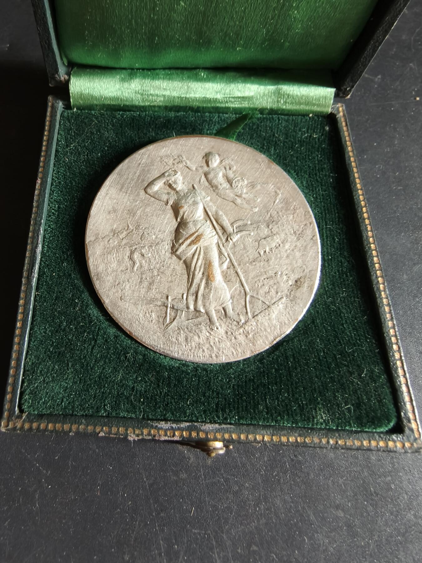 老王徽章第190期 法国布里夫地区农业协会镀银大铜章      原盒       直径50mm     重量58.5g