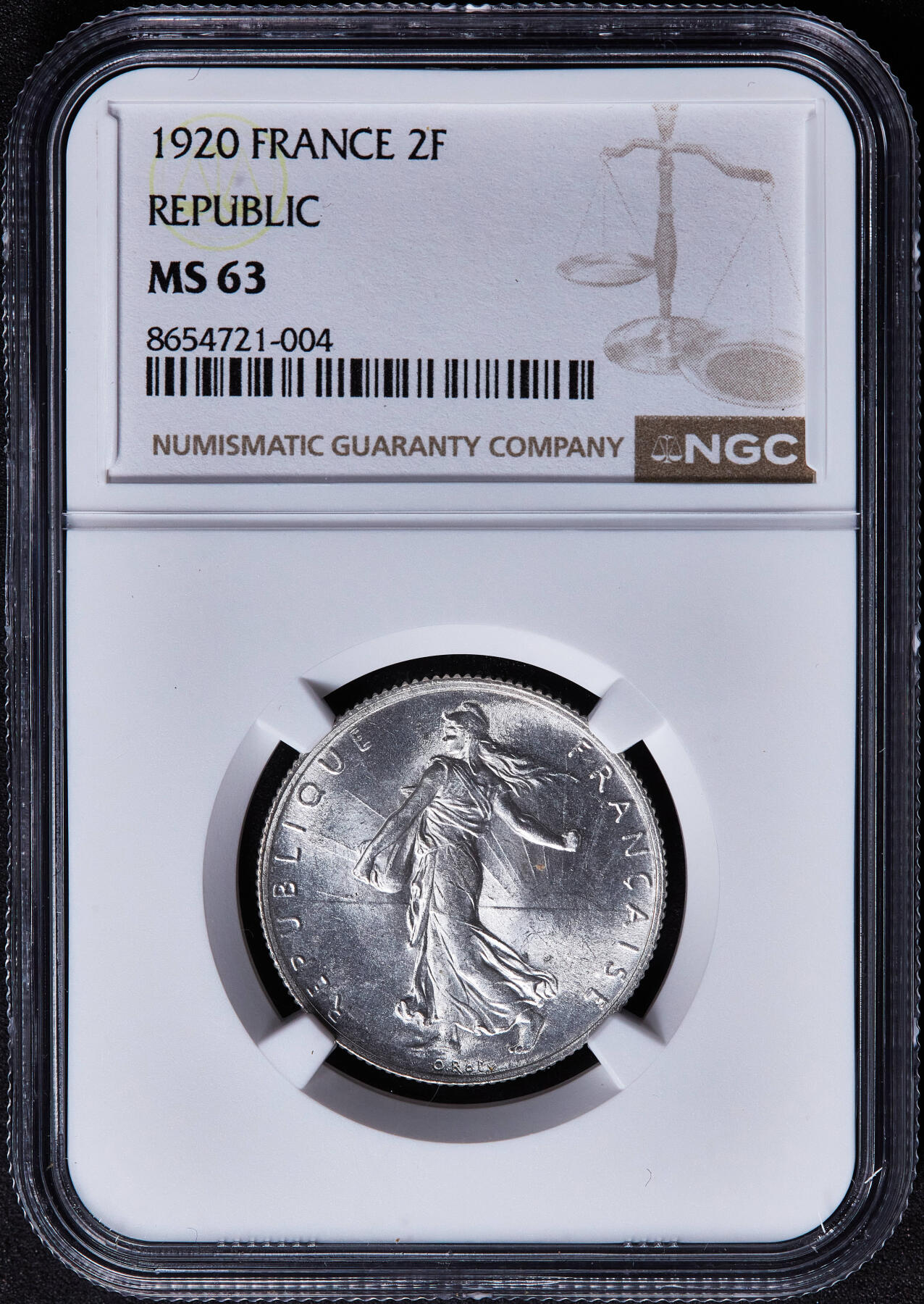 【俄甄集藏】2026年(050)04-01星期三 晚 19:30 全场包邮 法国1920年播种女神2法郎银币，NGC MS63，转光品相