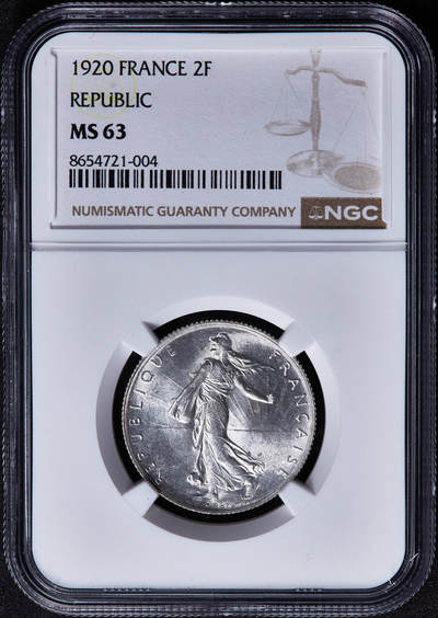 【俄甄集藏】2026年(050)04-01星期三 晚 19:30 全场包邮 - 法国1920年播种女神2法郎银币，NGC MS63，转光品相