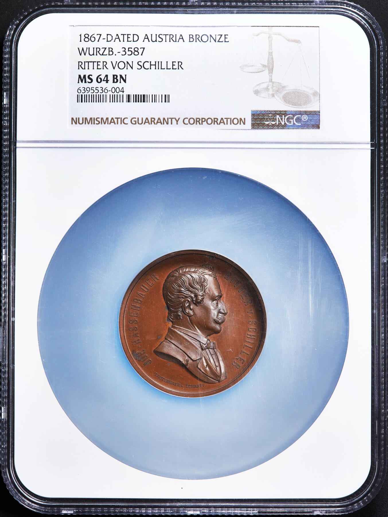 【俄甄集藏】2026年(050)04-01星期三 晚 19:30 全场包邮 奥匈帝国1867年纪念维也纳皇家铸币局长约翰·哈森鲍尔·里特·冯·席勒忠诚服务50年大铜章，NGC MS64，高浮雕，著名雕刻家约瑟夫·陶滕海恩与卡尔·沙夫联合创作，是奥匈帝国时期铸币业的发展的重要见证，直径：46mm