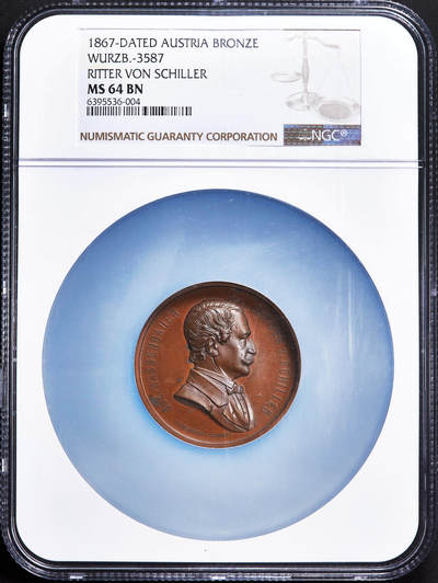 【俄甄集藏】2026年(050)04-01星期三 晚 19:30 全场包邮 - 奥匈帝国1867年纪念维也纳皇家铸币局长约翰·哈森鲍尔·里特·冯·席勒忠诚服务50年大铜章，NGC MS64，高浮雕，著名雕刻家约瑟夫·陶滕海恩与卡尔·沙夫联合创作，是奥匈帝国时期铸币业的发展的重要见证，直径：46mm