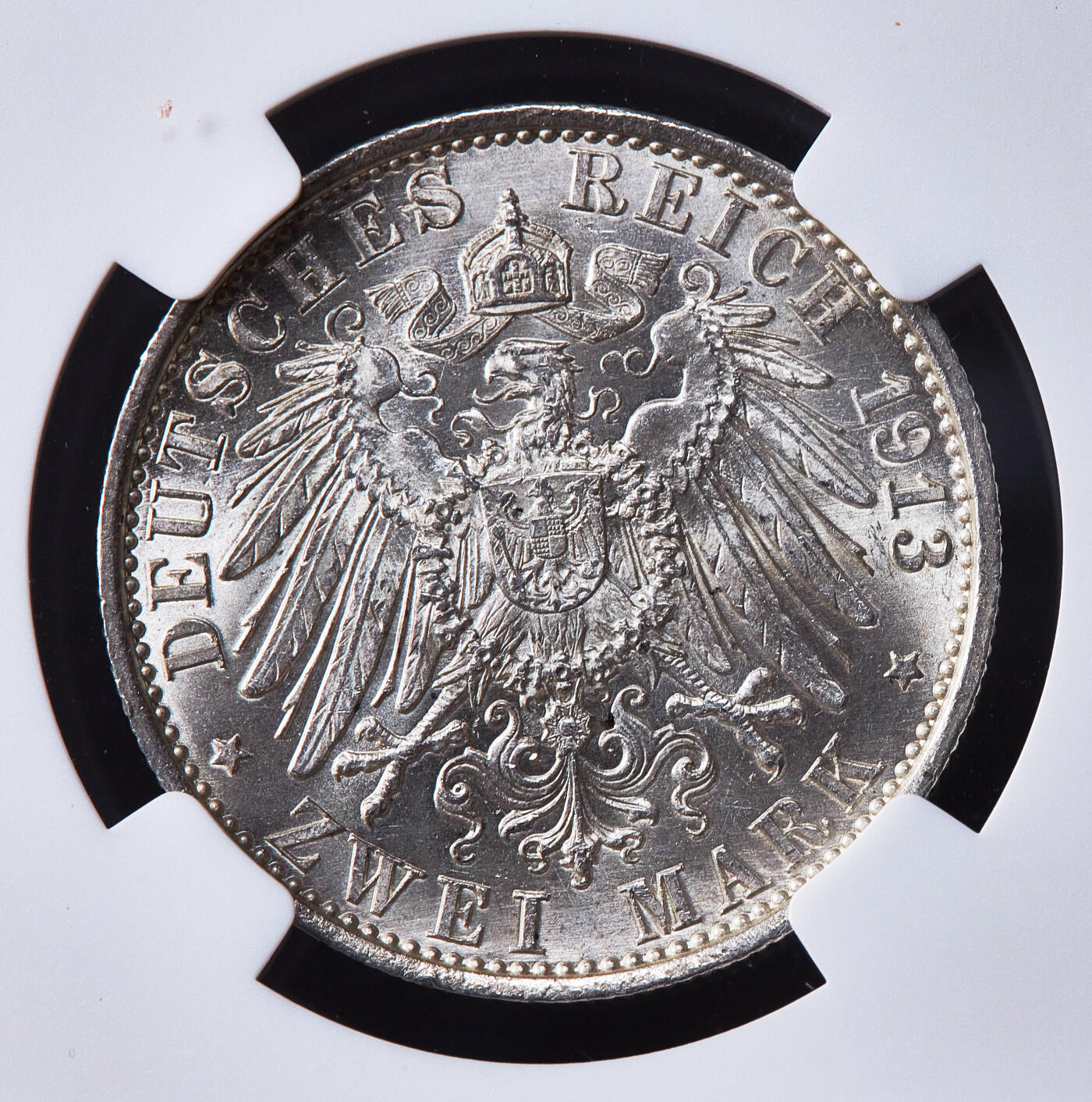 【俄甄集藏】2026年(050)04-01星期三 晚 19:30 全场包邮 德国普鲁士1913年A版威廉二世军装2马克银币，NGC MS62，原味状态，转光品相