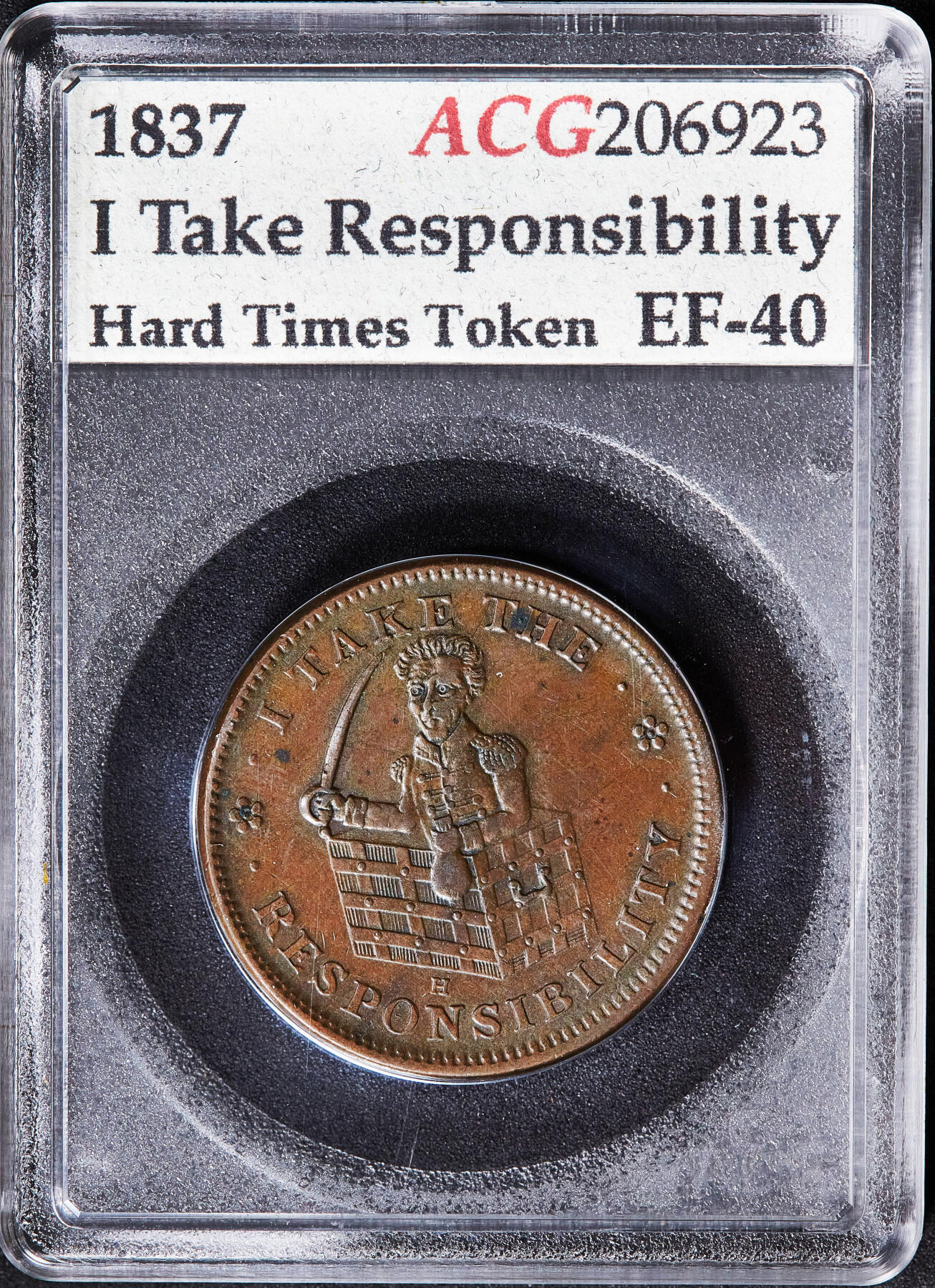 【俄甄集藏】2026年(050)04-01星期三 晚 19:30 全场包邮 美国1837年困难时期安德鲁·杰克逊VETO驴讽刺代用铜币，ACG EF40，经典品种，正面呼应杰克逊“我承担责任”的宣言，背面用驴代指替民主党滥用否决权“VETO”，讽刺杰克逊独裁倾向以及对宪法的曲解