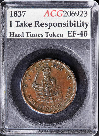 【俄甄集藏】2026年(050)04-01星期三 晚 19:30 全场包邮 - 美国1837年困难时期安德鲁·杰克逊VETO驴讽刺代用铜币，ACG EF40，经典品种，正面呼应杰克逊“我承担责任”的宣言，背面用驴代指替民主党滥用否决权“VETO”，讽刺杰克逊独裁倾向以及对宪法的曲解