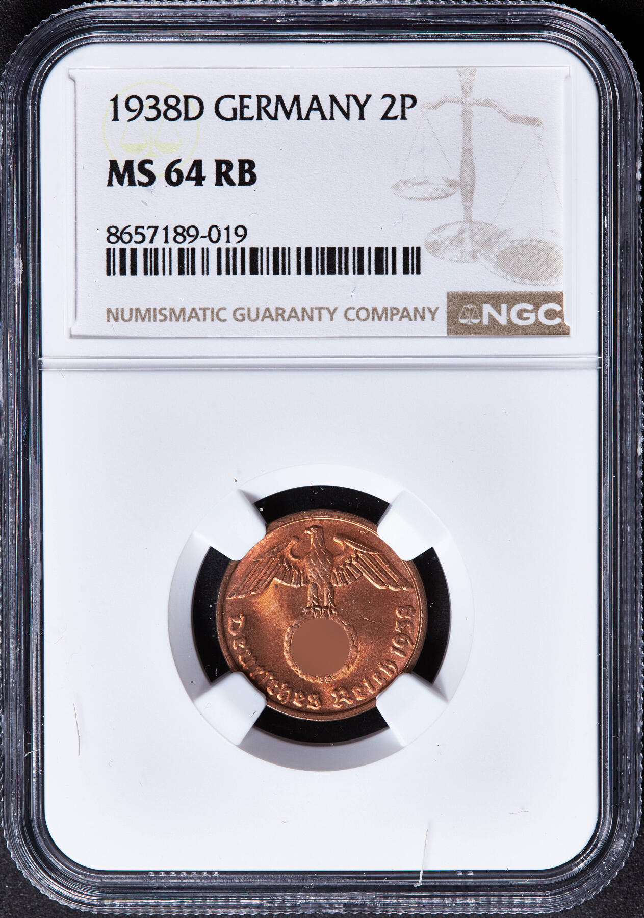 【俄甄集藏】2026年(050)04-01星期三 晚 19:30 全场包邮 德国第三帝国1938年D版2芬尼铜币，NGC MS64RB，原铜色，转光品相，原图联系客服或至官网查询