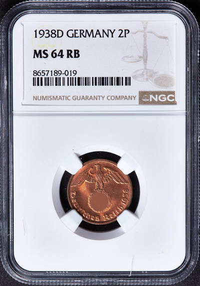 【俄甄集藏】2026年(050)04-01星期三 晚 19:30 全场包邮 - 德国第三帝国1938年D版2芬尼铜币，NGC MS64RB，原铜色，转光品相，原图联系客服或至官网查询