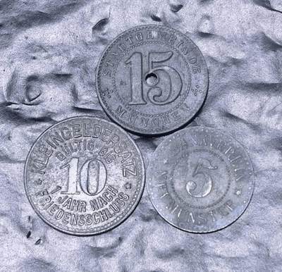 北京马甸外国币专卖第149期，外国币专场，陆续上拍，欢迎关注 - 德国帝国一战紧急状态时期：慕尼黑（München）圣母大教堂15芬尼和奥伊伦/罗伊斯地区（Meuselwitz）10芬尼，北莱茵-威斯特法伦州。明斯特（Münster）5芬尼