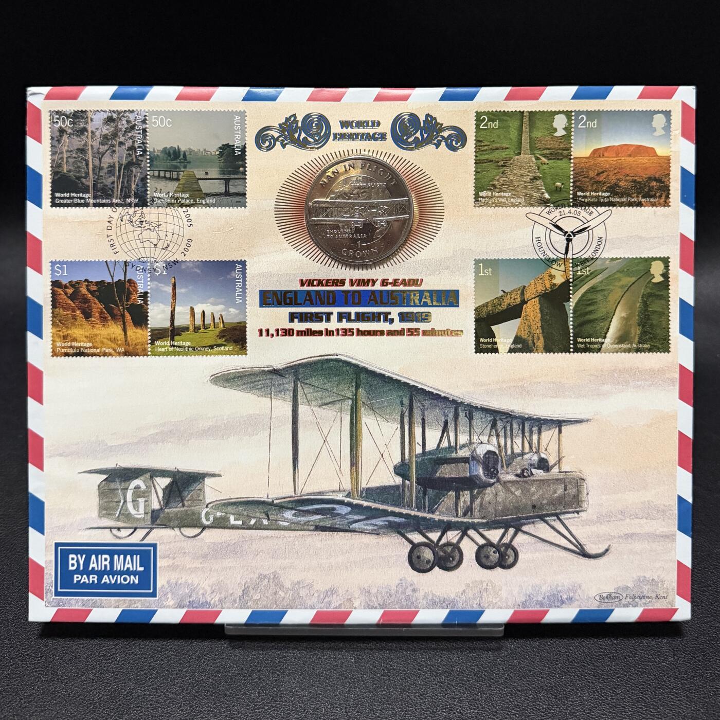 ＜星葵🌻钱币社＞第72期·东奔西走的硬币·3月31日发货 〈大型邮币封〉马恩岛1994年飞行中的人·首航英国至澳大利亚1克朗纪念币