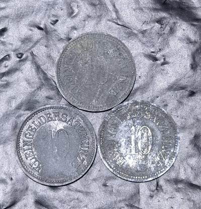 北京马甸外国币专卖第149期，外国币专场，陆续上拍，欢迎关注 - 德国帝国一战紧急状态时期：巴伐利亚州的上法兰克尼亚地区利希滕费尔斯市10芬尼3枚