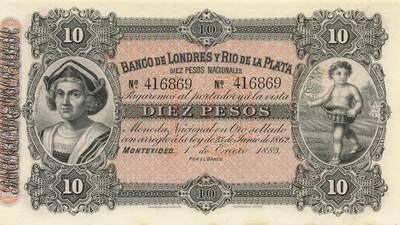 小福收藏拍卖第203期 裸钞场 本期有多张豹子号靓号 仅发行1000枚亚克力砖封蒙古20000图格里克帝国800周年纪念钞 瑞士200法郎 百慕大样钞洋葱冠全套 巴林首版大全套 卡塔尔四张套 越南 保加利亚 马其顿等多国精美纸币 - 乌拉圭 1883年 10比索 哥伦布 143年老钞 微黄 unc