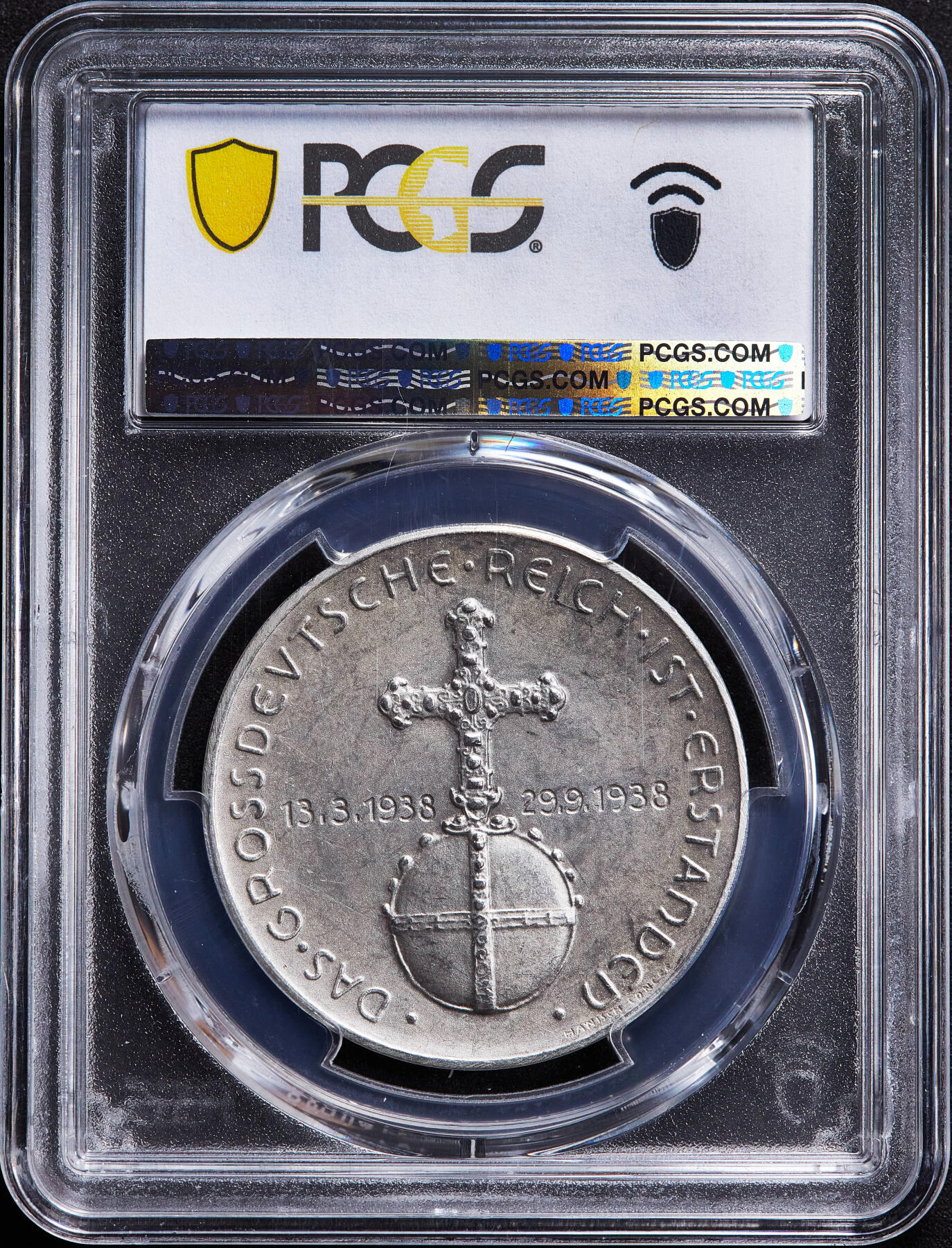 【俄甄集藏】2026年(050)04-01星期三 晚 19:30 全场包邮 德国第三帝国1938年纪念吞并奥地利银章，PCGS SP63，磨砂底板，名誉品种，原图联系客服或至官网查询