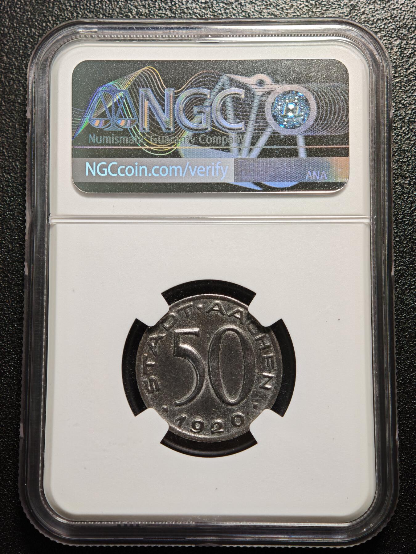 【德藏】世界币章拍卖第169期（拍品征集中~欢迎藏友联系） 1920年 德国德紧时期亚琛大嘴鹰50芬尼铁币 NGC MS61 保存不易 好品难得