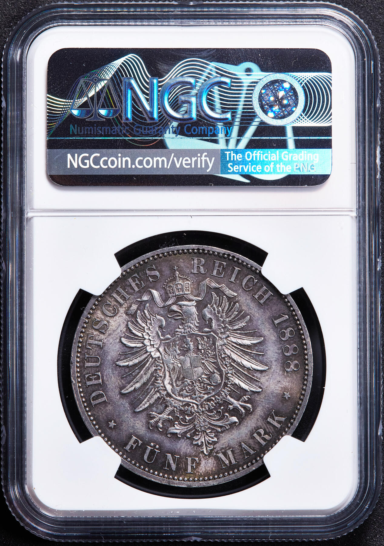 【俄甄集藏】2026年(050)04-01星期三 晚 19:30 全场包邮 德国1888年弗里德里希三世A版短翅5马克大银币，NGC MS61，环彩酱彩老包浆，味道难得，原光品相