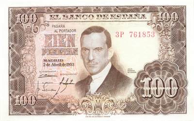 小福收藏拍卖第203期 裸钞场 本期有多张豹子号靓号 仅发行1000枚亚克力砖封蒙古20000图格里克帝国800周年纪念钞 瑞士200法郎 百慕大样钞洋葱冠全套 巴林首版大全套 卡塔尔四张套 越南 保加利亚 马其顿等多国精美纸币 - 西班牙 1953年 100比塞塔 unc