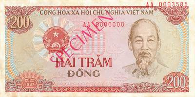 小福收藏拍卖第203期 裸钞场 本期有多张豹子号靓号 仅发行1000枚亚克力砖封蒙古20000图格里克帝国800周年纪念钞 瑞士200法郎 百慕大样钞洋葱冠全套 巴林首版大全套 卡塔尔四张套 越南 保加利亚 马其顿等多国精美纸币 - 越南 1987年 200盾 AA冠 样钞 无47 千位号 有黄 unc-