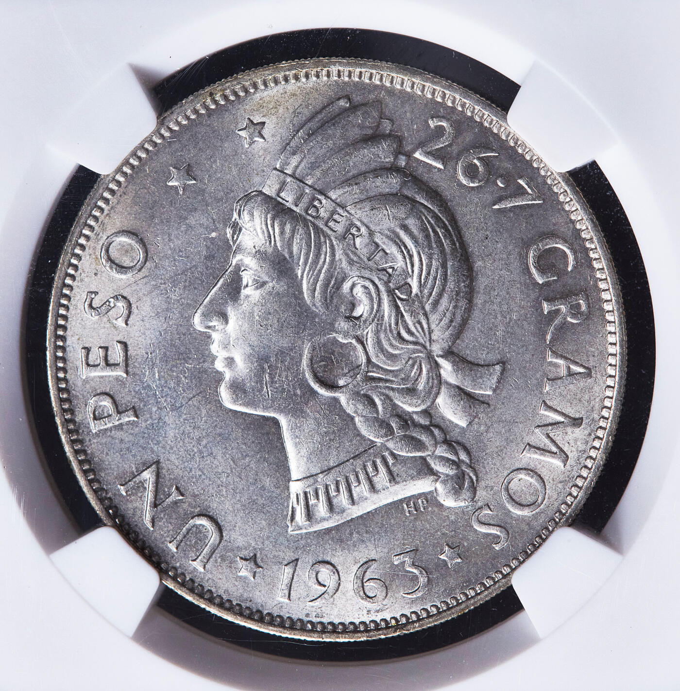 【俄甄集藏】2026年(050)04-01星期三 晚 19:30 全场包邮 多米尼加1963年纪念共和百年1比索大银币，NGC MS64，转光品相，经典品种