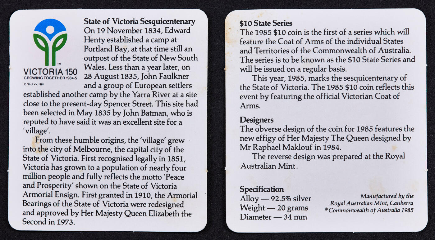 【俄甄集藏】2026年(050)04-01星期三 晚 19:30 全场包邮 澳大利亚1985年行政区系列-维多利亚州10元册装银币，带证，重20克，925银，发行量81751枚