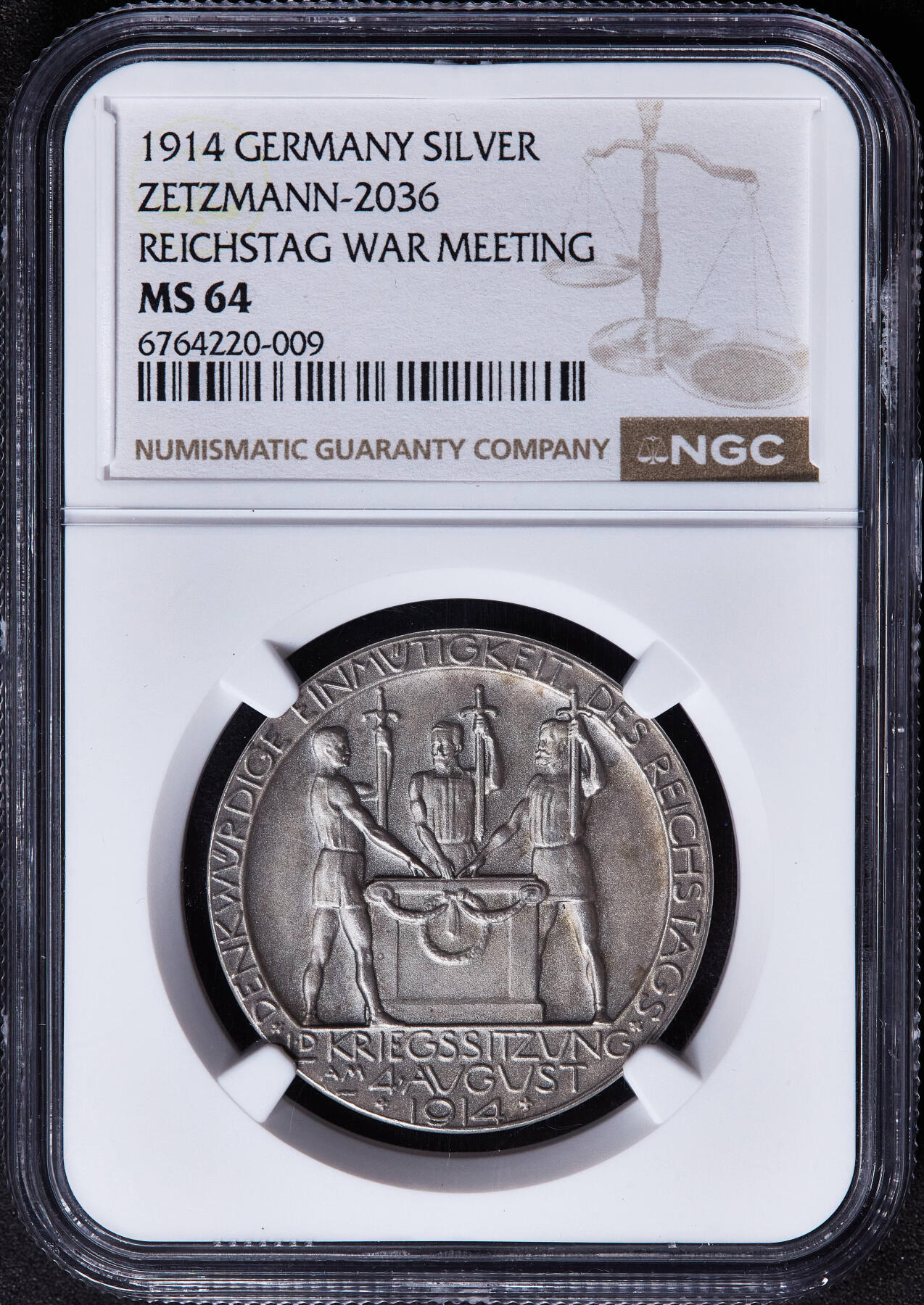 【俄甄集藏】2026年(050)04-01星期三 晚 19:30 全场包邮 德国1914年纪念一战同盟国与协约国开战纪念银章，NGC MS64，双鹰大战鸡狗熊，磨砂工艺，名誉品种，黄油彩原味包浆