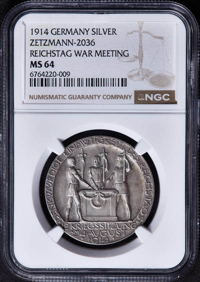 【俄甄集藏】2026年(050)04-01星期三 晚 19:30 全场包邮 - 德国1914年纪念一战同盟国与协约国开战纪念银章，NGC MS64，双鹰大战鸡狗熊，磨砂工艺，名誉品种，黄油彩原味包浆