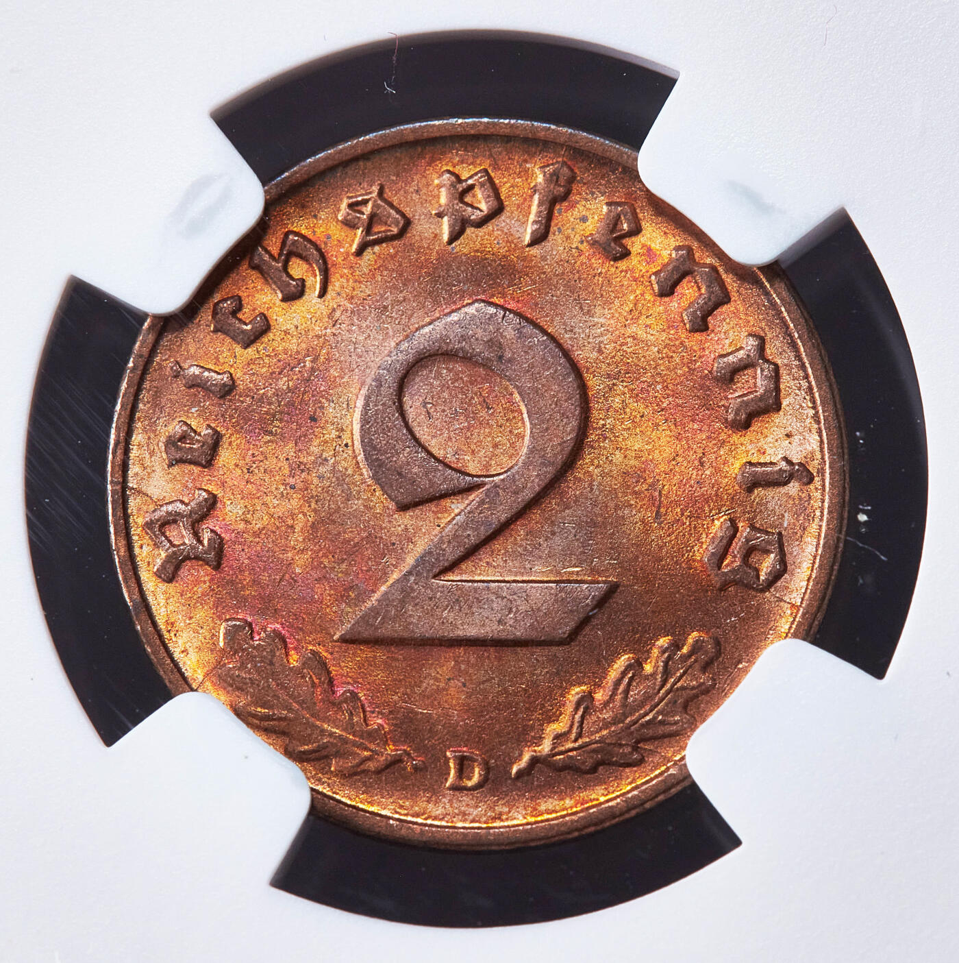 【俄甄集藏】2026年(050)04-01星期三 晚 19:30 全场包邮 德国第三帝国1938年D版2芬尼铜币，NGC MS64RB，原铜色，转光品相，原图联系客服或至官网查询