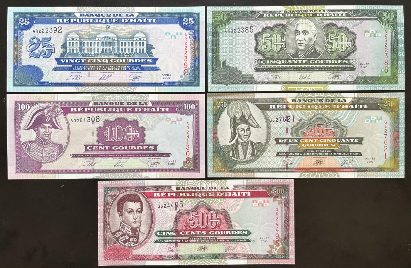 小福收藏拍卖第203期 裸钞场 本期有多张豹子号靓号 仅发行1000枚亚克力砖封蒙古20000图格里克帝国800周年纪念钞 瑞士200法郎 百慕大样钞洋葱冠全套 巴林首版大全套 卡塔尔四张套 越南 保加利亚 马其顿等多国精美纸币 海地 2000-2001年版 25 50 100 250 500古德 （其中1张无47 1张数3无47 1张无47尾8 ）1组5张 unc