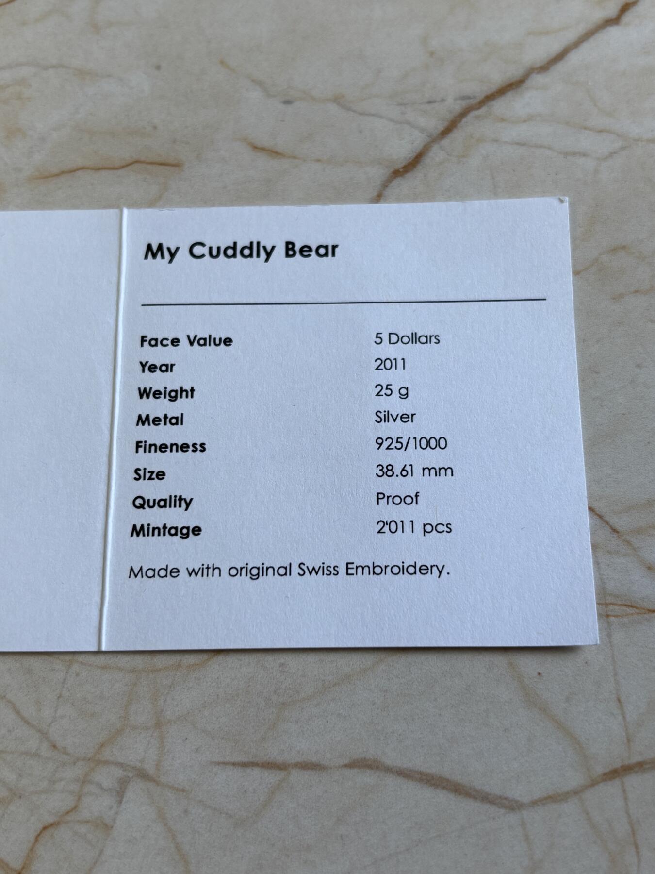 第194期拍卖 帕劳2011年泰迪熊镶嵌实体瑞士刺绣针织纪念银币带证书，25克，925银，有氧化