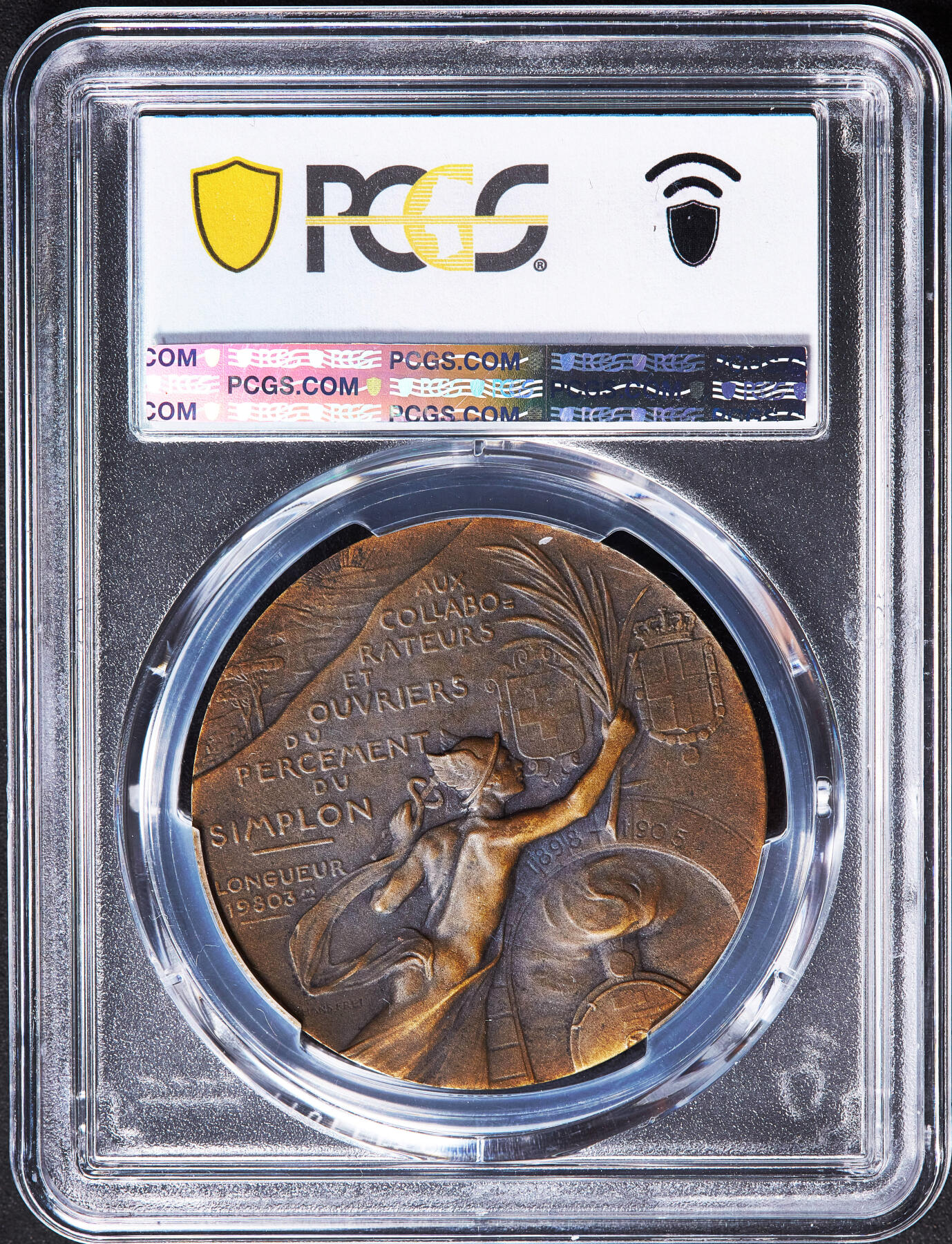 【俄甄集藏】2026年(050)04-01星期三 晚 19:30 全场包邮 瑞士1905年纪念伯尔尼—米兰铁路辛普朗隧道贯通铜章，PCGS SP64，稀有名誉品种，冠军分，巧克力包浆