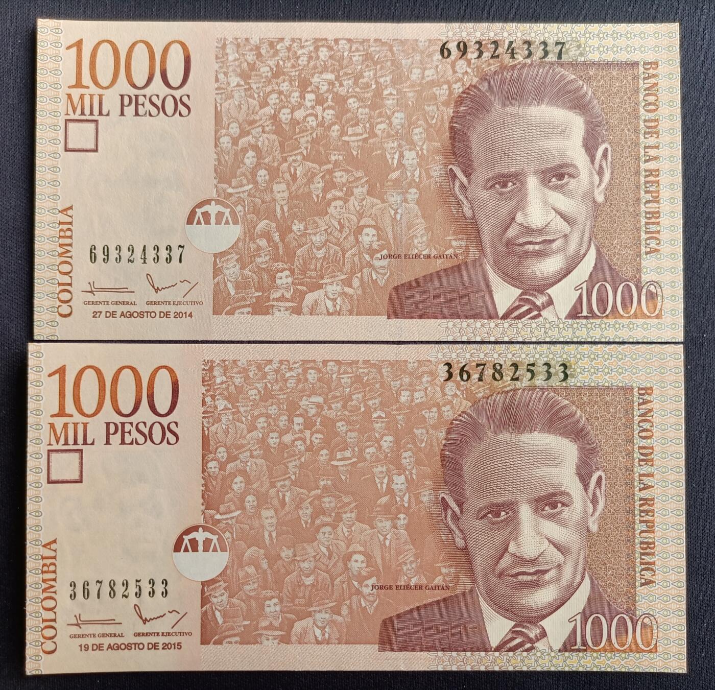 【游宝包邮场】马年第16期 好品组钞场 周六截拍 哥伦比亚-1000比索【2014年+2015年 两种年份 全新UNC】