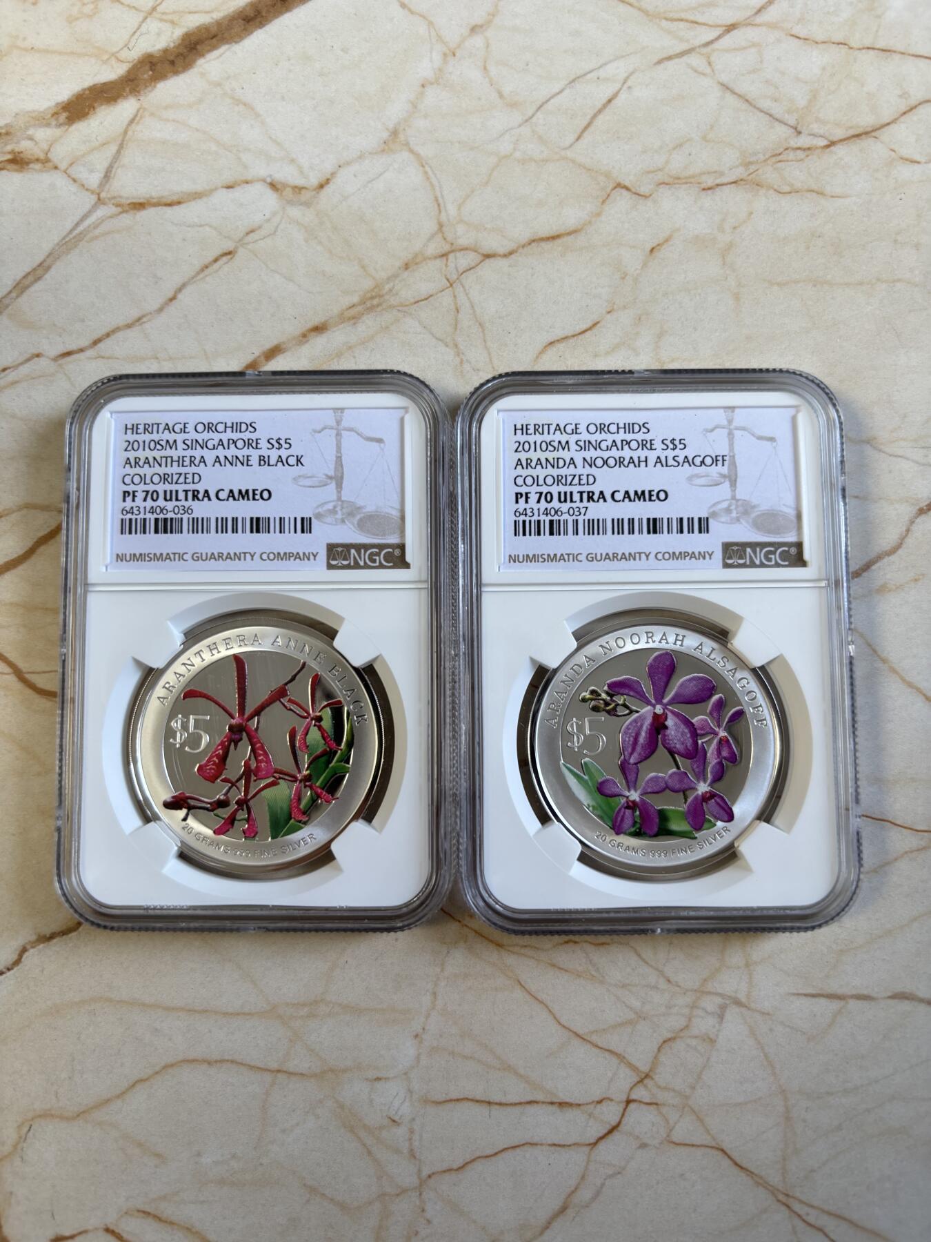 第194期拍卖 新加坡2010年花卉系列彩色20克纪念银币2枚套NGC-PF70,999银，20克*2