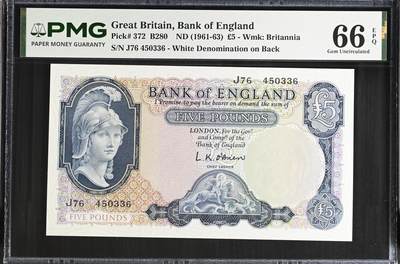 《艾美收藏》第238期-3.29周日外币畅拍场 - 英国B序列1961-63年5镑PMG66E尾6 空心版 Pick#372