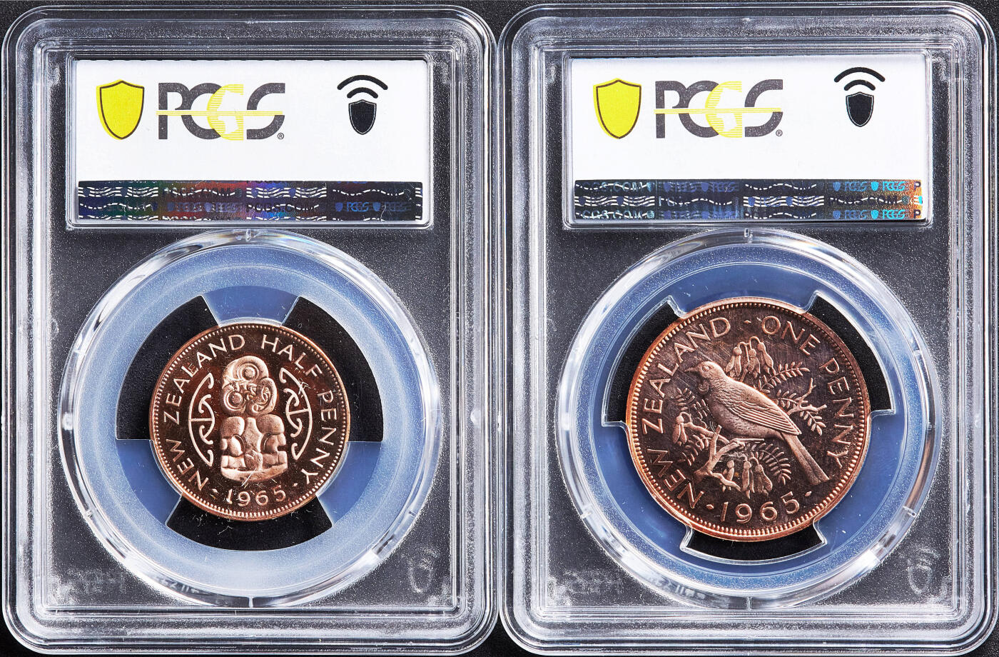 【俄甄集藏】2026年(050)04-01星期三 晚 19:30 全场包邮 新西兰1965年伊丽莎白二世1/2便士-1/2克朗类精制prooflike版硬币7枚一套，PSGS SP65-SP68，共发行25000套，稀少品种
