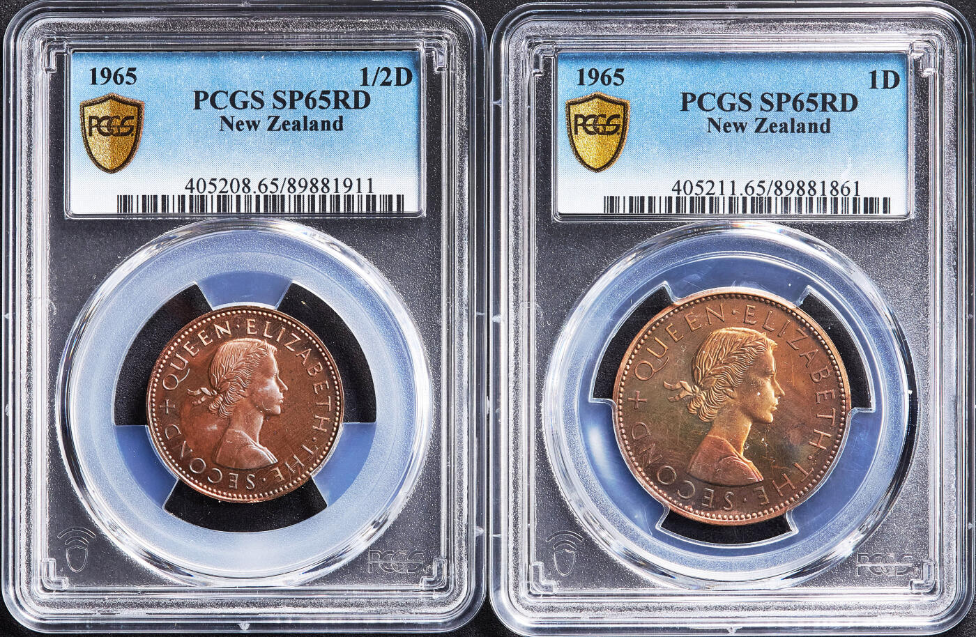 【俄甄集藏】2026年(050)04-01星期三 晚 19:30 全场包邮 新西兰1965年伊丽莎白二世1/2便士-1/2克朗类精制prooflike版硬币7枚一套，PSGS SP65-SP68，共发行25000套，稀少品种