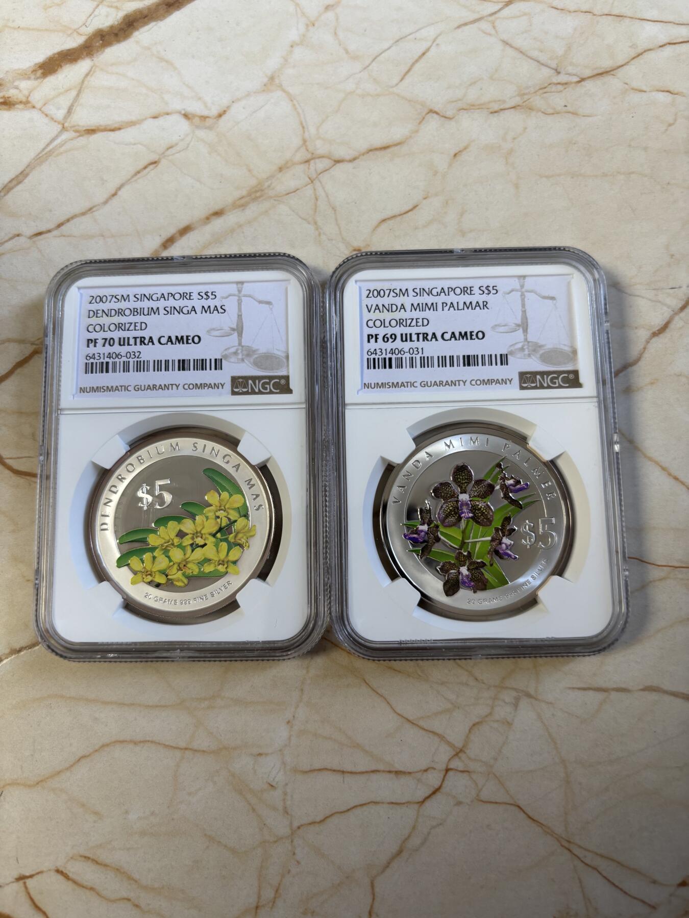 第194期拍卖 新加坡2007年花卉系列彩色20克纪念银币2枚套NGC-PF70-PF69,999银，20克*2