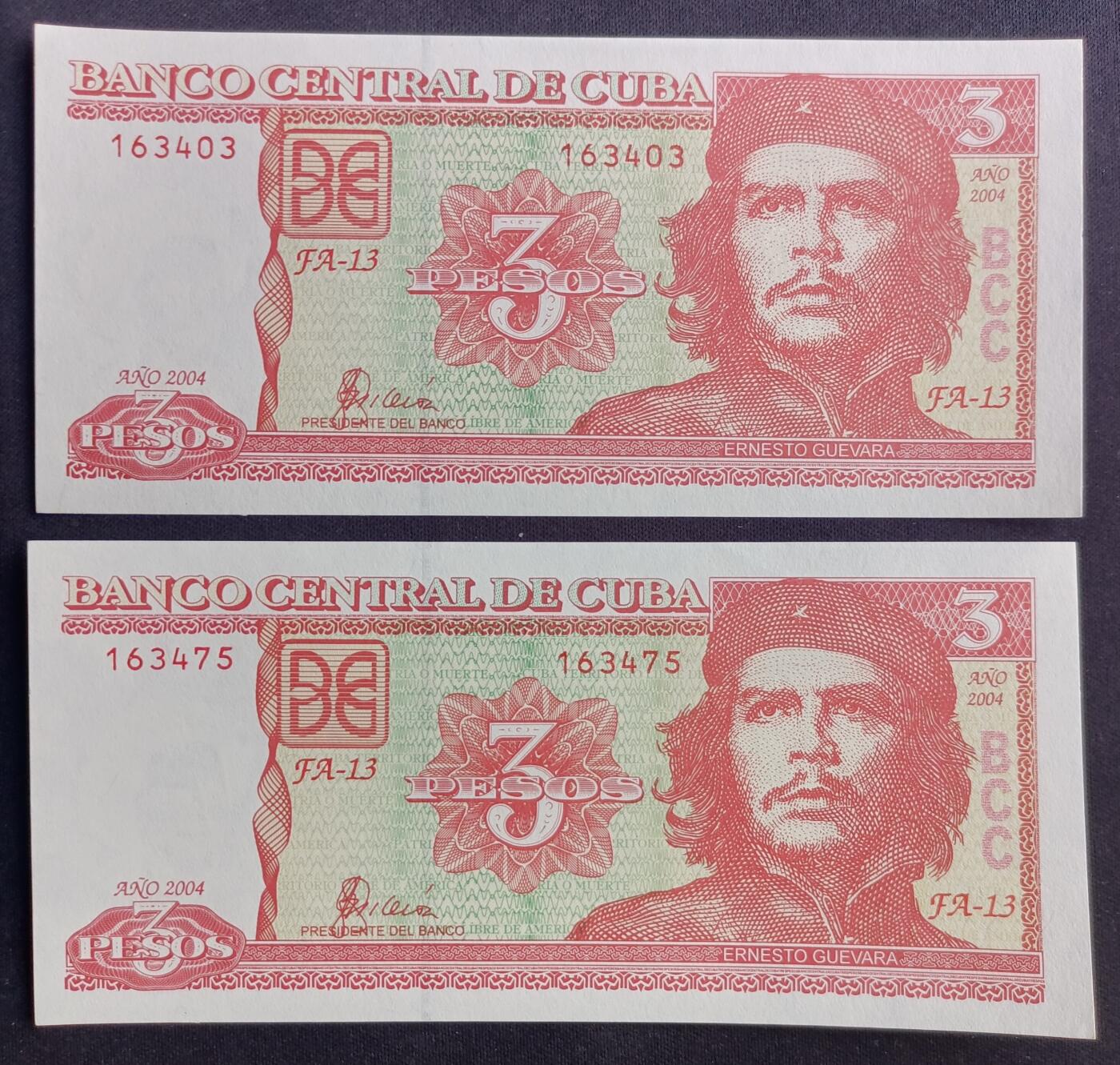 【游宝包邮场】马年第16期 好品组钞场 周六截拍 古巴-3比索【2004年 FA-13 163403/75 全新UNC】
