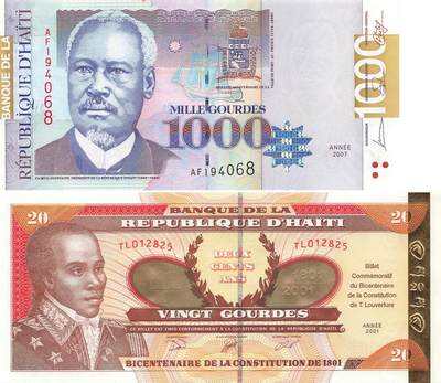 小福收藏拍卖第203期 裸钞场 本期有多张豹子号靓号 仅发行1000枚亚克力砖封蒙古20000图格里克帝国800周年纪念钞 瑞士200法郎 百慕大样钞洋葱冠全套 巴林首版大全套 卡塔尔四张套 越南 保加利亚 马其顿等多国精美纸币 - 海地 2001年 20古德 无47 +2007年 1000古德 尾8 1组2张纪念钞 unc