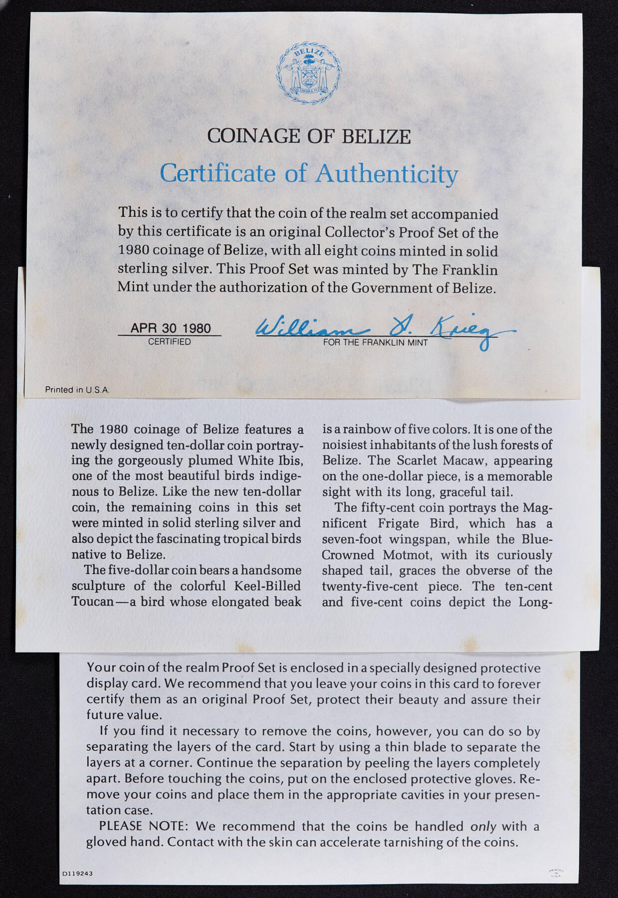 【俄甄集藏】2026年(050)04-01星期三 晚 19:30 全场包邮 伯利兹1980年1分-10元野生鸟类精制纯银硬币8枚全套，原盒证，富兰克林造币厂出品，总重98.49克，925银，发行量1826套，设计精美，保存完好难得