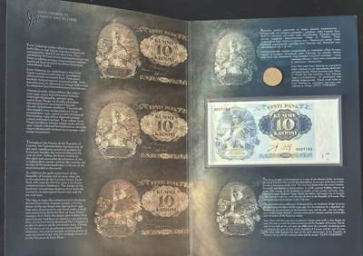 小福收藏拍卖第203期 裸钞场 本期有多张豹子号靓号 仅发行1000枚亚克力砖封蒙古20000图格里克帝国800周年纪念钞 瑞士200法郎 百慕大样钞洋葱冠全套 巴林首版大全套 卡塔尔四张套 越南 保加利亚 马其顿等多国精美纸币 - 爱沙尼亚 2008年 10克朗+1克朗 建国90周年纪念钞币套装官方原册 爱沙尼亚唯一纪念钞 unc