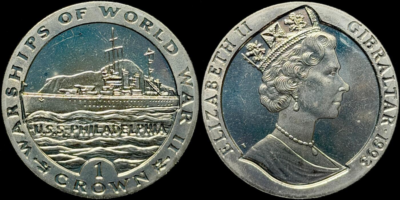 ＜星葵🌻钱币社＞第72期·东奔西走的硬币·3月31日发货 直布罗陀1993年二战战舰·费城号巡洋舰1克朗纪念币