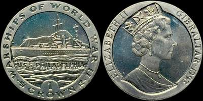 ＜星葵🌻钱币社＞第72期·东奔西走的硬币·3月31日发货 - 直布罗陀1993年二战战舰·费城号巡洋舰1克朗纪念币