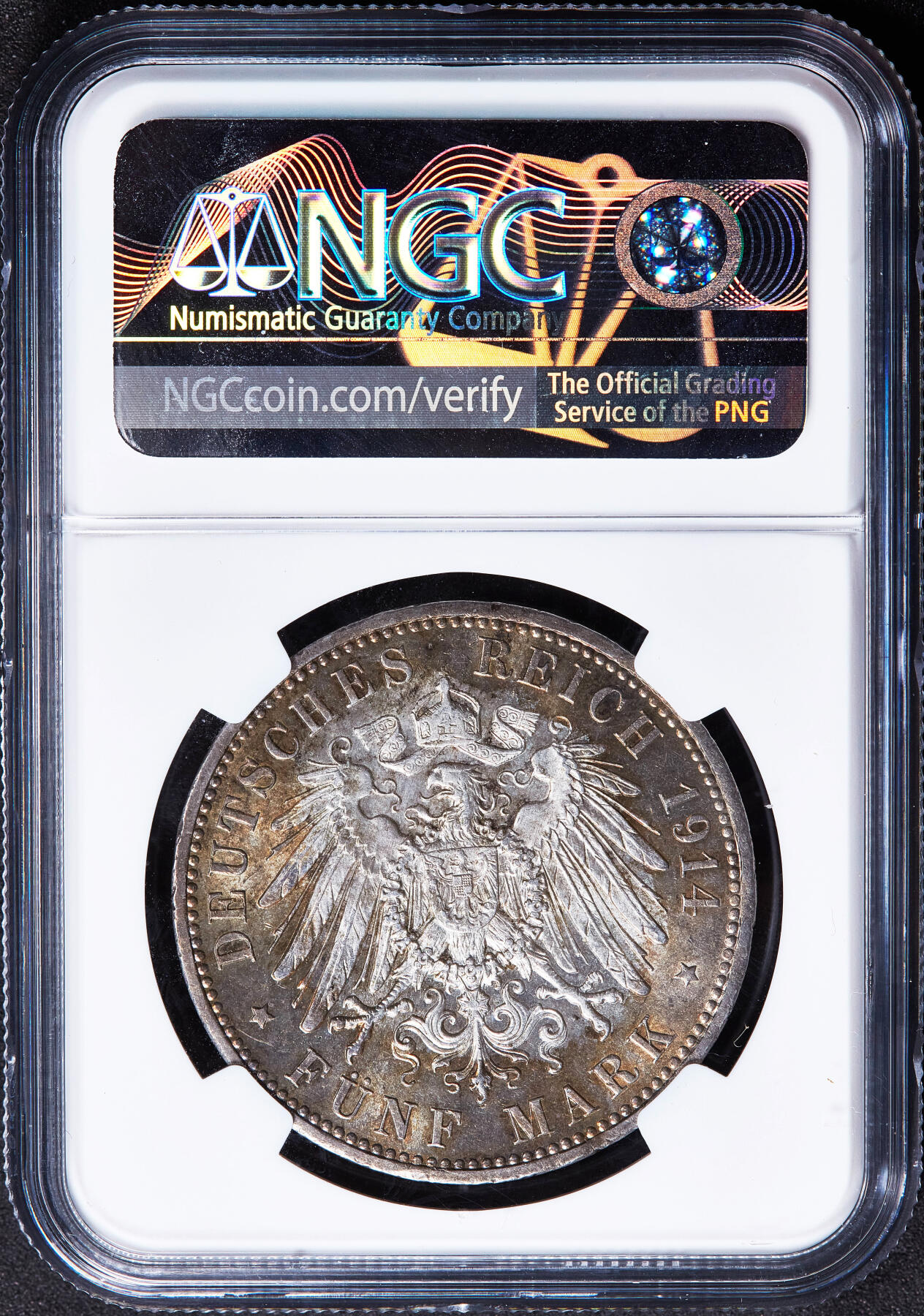 【俄甄集藏】2026年(050)04-01星期三 晚 19:30 全场包邮 德国普鲁士1914年威廉二世A版军装5马克大银币，NGC AU58，黄油环彩，原光品相，底板凝霜，疑似低评