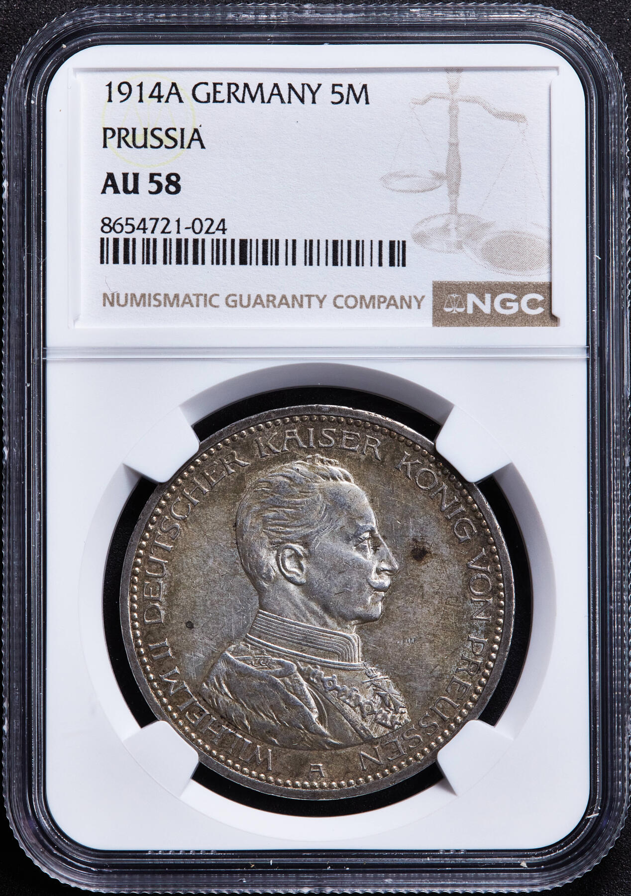 【俄甄集藏】2026年(050)04-01星期三 晚 19:30 全场包邮 德国普鲁士1914年威廉二世A版军装5马克大银币，NGC AU58，黄油彩原味包浆，底光犹存
